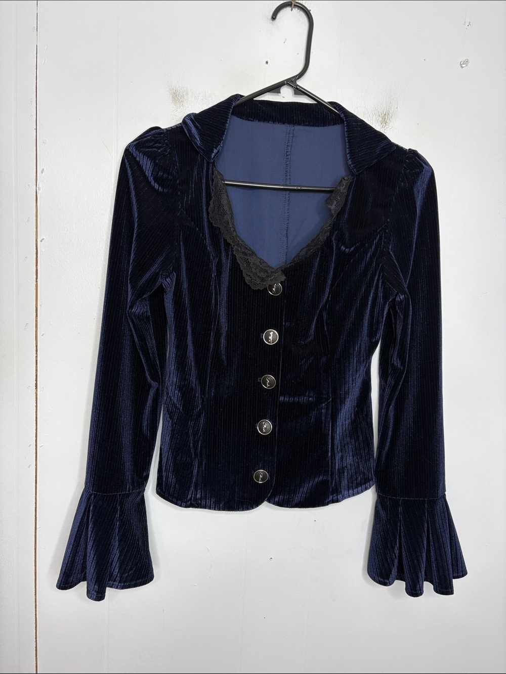 Womens Jacket small Velvet Bell Sleeve Soft Navy Lace Dark Romantic Mode